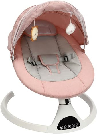 HOARLICN Babywippe Elektrisch, Wippe Aluminiumlegierung 72 X 48cm mit Fernbedienung Moskitonetz mit Zwei Steuerungsmodi mit Superweiche Pfirsichhaut fur 0-12 Monate (rosa)