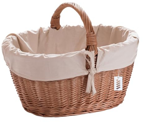 Wiklinowy Świat - Picknickkorb Einkaufskorb Autokorb Weidenkorb Pilzkorb -Kartoffelkorb, Obstkorb, Gartenkorb, Weidengeflecht für Einkauf mit Henkel, in Naturfarbe - helle cremefarbene Einlage