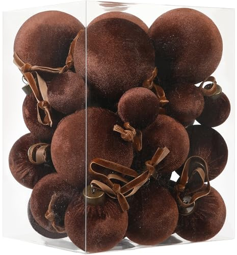 Sea Team 32-Pack Flocked Velvet Christmas Ball Ornaments,Brown