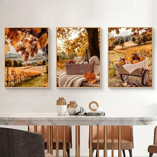 Uixxducc 3er Herbst Bilder Set Natur Poster Set, Aesthetic Herbst Ahornblätter, Kürbisse, Bauernhöfe Wandbilder Wohnzimmer, ohne Rahmen, Herbstlandschaften Wanddeko für Schlafzimmer (40x50cm,B)