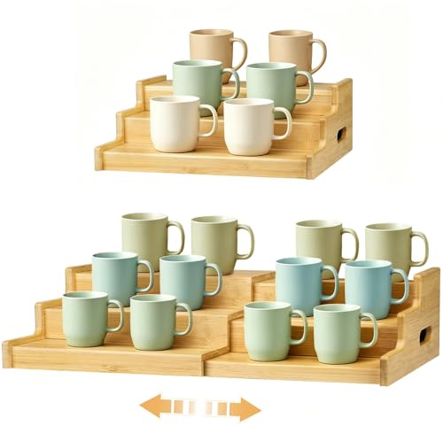 FIMOFIDRE 3-Tier Expandable Bamboo Mug Holder for Countertop Coffee Cup Holder Display Mug Organizer Mug Rack for Coffee Bar Organizer Mug Shelf for Cabinet for Kitchen, Home, No Assembly