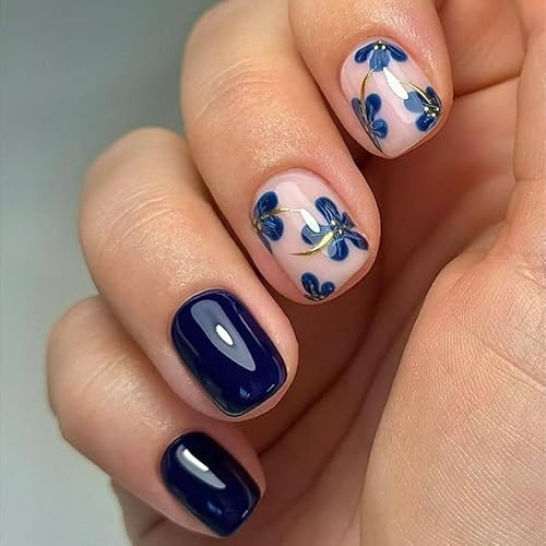 24pcs Blue Flower Press on Nails Short Square natural Nude Blue Fake Nails with 3D Gold Rhinestones Flower for Women Glossy Pretty Reusable Full Cover Stick on False Nails