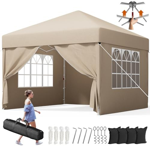 Devoko Tonnelle Pliante 3x3 m Imperméable, Pop up Tent Pliable avec 4 Parois Amovibles, Barnum Pliant Professionnel avec 3 Hauteur Réglable Protection UV 50+ pour Jardin, Terrasse, Camping(Beige)