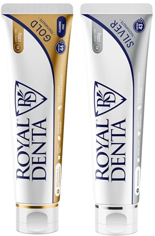 Royal Denta Zahnpasta 2er Set Doppelpack, Silber Zahncreme 130 g & Hydroxylapatit Zahnpasta ohne Fluorid mit Xylit 130 g, für empfindliche Zähne und Zahnfleisch