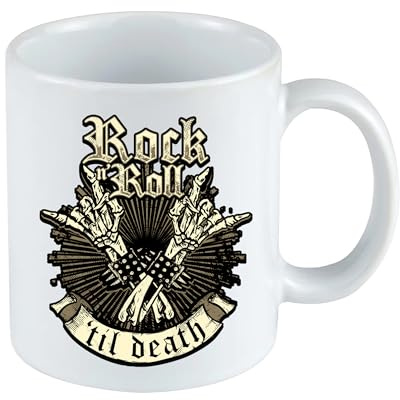 Rock'n Roll Tasse | Rock Musik Kaffeetasse – Rocker Kaffeebecher mit Hand Zeichen – Geschenkidee Rock Fans Metal Konzert Musiker | M2 Weiß