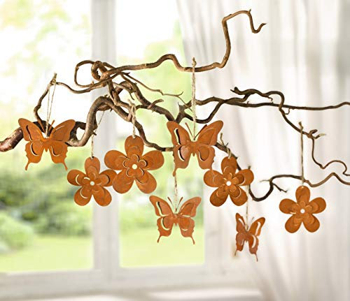 8 Dekohänger Schmetterling & Blume aus Metall in Rost Optik, Fensterdeko, Deko-Anhänger