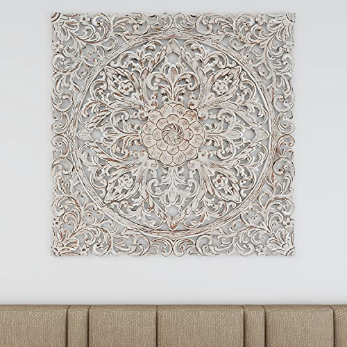 Deco 79 Wanddekoration aus Holz, mit Blumenmuster, handgefertigt, aufwendig geschnitzt, mit Mandala-Design, 91,4 x 2,5 x 91,4 cm, Braun