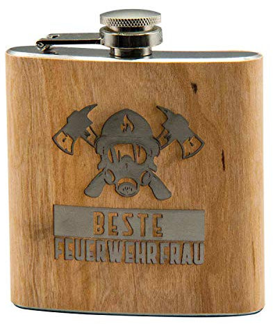 Donari ® - Edelstahl Flachmann mit Gravur: Beste Feuerwehrfrau - Kreatives Feuerwehr Geschenk - Geschenk für Feuerwehrfrau - Flachmann in Holz Optik