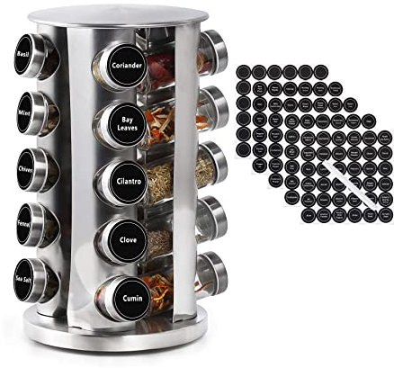 DOUBLE 2 C Revolving Spice Rack with 20 Jars, Rotating Spice Rack Organizer, Seasoning Organizer with Labels, Stainless Steel Spice Carousel for Kitchen Countertop, Cabinet