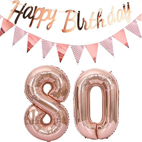 Luftballons 80.geburtstag deko frauen rosegold+Happy Birthday Girlande +Wimpelkette 40Zahlen Ballon 80 Luftballons 80 Jahre Geburtstag Dekoration frau Geburtstagdeko 80 Geburtstag deko rosegold(80)