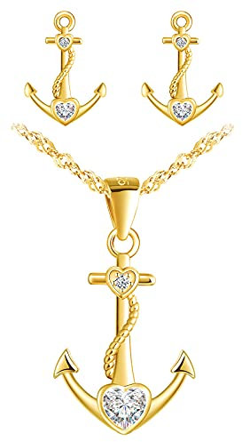 Yumilok Kette Damen Halskette Ohrringe Schmuck Set 925 Sterling Silber Herz mit Anker Anhänger für Damen Kinder Gold
