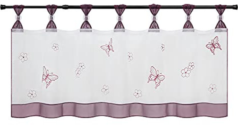 HeichkelL Scheibengardine Schmetterling Stickerei Bistrogardine Küchengardine Voile Kurzgardine mit Schlaufen Modern Inklusive Deko-Kugeln Violett HxB 45x90 cm