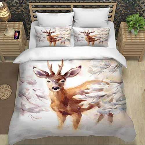 NESKX 3D Wald Tiere Rehe Bettwäsche Winter 135x200 3teilig Jungen Mädchen Wintermotiv Bettbezug Set Microfaser Warme Weich Reißverschluss Kinderbettwäsche mit Kissenbezug 80x80 Betten Set