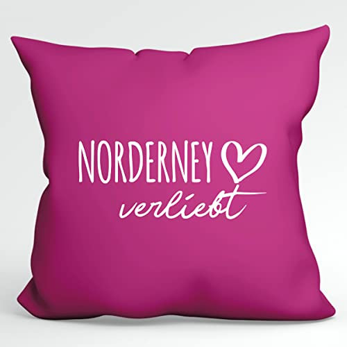 Huuraa Kissen Norderney verliebt Deko Sofa Cushion Bezug 40x40cm Fuchsia mit Namen deiner lieblings Insel Geschenk Idee für Freunde und Familie