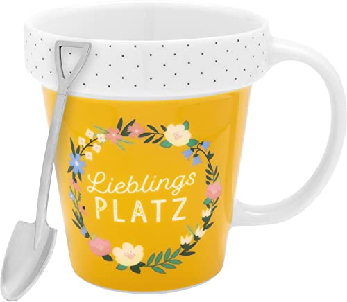 Gruss & CO Tasse Blumentopf Motiv Garten | Kaffeetasse aus Porzellan, mit Löffel in Form Einer Schaufel | Geschenk, Garten | 47728