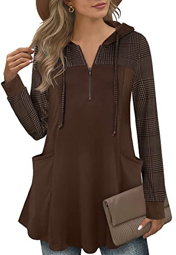 Gaharu Pullover Damen Langarm Winter Tunika Damen Langarm Festlich Damen Sweatshirt Baumwolle Lang Hoddies/Pullies Damen Winter Longshirt Schicke Pullover Strickpullover Damen Warm Dunkelbraun,M