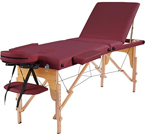 Abician Table de Massage Pliante Réglable en 8 Hauteurs Table de Massage Portable 3 Sections Pieds en Bois Massif Dossier Têtière Repose-Bras Hamac 213 x 82 x 85,5 cm Bordeaux