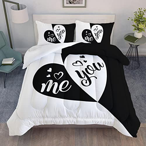 AILONEN Schwarz-Weiß-Bettwäsche-Set, Queen-Size, Me and You, romantisches Valentinstags-Bettwäsche-Set, Dekoration, herzförmig, weich und bequem, für alle Jahreszeiten (1 Bettdecke + 2 Kissenbezüge)