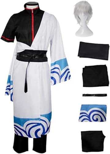 Syedeliso Anime Cosplay Kostüm GINTAMA Sakata Gintoki mit Perücke Outfit Halloween Party Kimono Ankleide anzug (Anzug perücke,XXL)