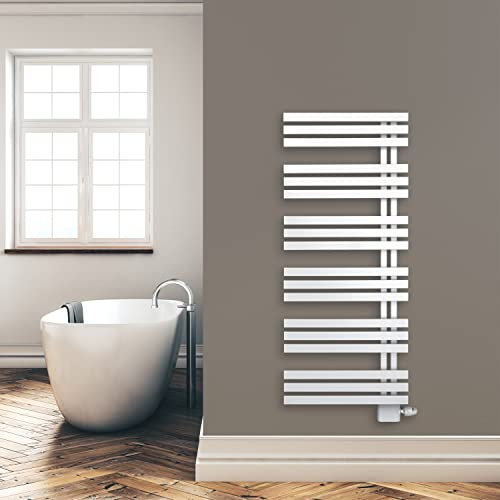 Design Badheizkörper Paneel mit Anschluss links oder rechts | Heizkörper mit versetztem Mittelanschluss (1400 x 600, Weiß) (538 Watt nach EN442)