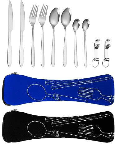 5PCS Cubiertos de Camping,Cubertería de camping y de viaje de acero,5 en 1 Juego de Cubiertos Campingpara Acampar,Picnic,Trabajo,Exterior,Excursionismo,Festivales y Viajes