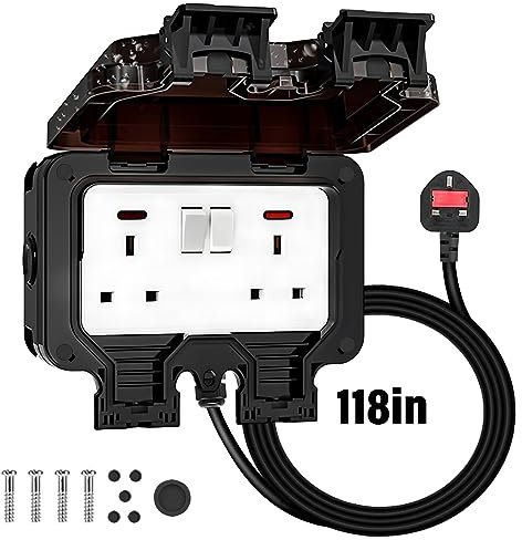 FOVNOT Outdoor Waterproof Double Socket With 3M Extension Lead - 13A IP66 Wall Electrical Outlet Outside Plug Box