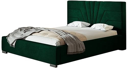 AlpiMeble Polsterbett Athene mit Kopfteil, 120x200 cm, Doppelbett mit Bettkasten und Lattenrost aus Holz, Velourstoff Grün