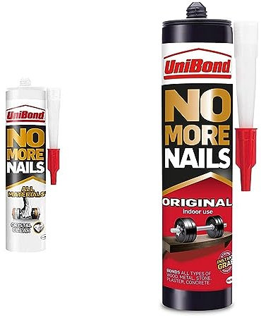 UniBond 2492492 No More Nails All Materials Crystal Clear Construction Adhesive, High Strength Adhesive Bonding, Clear, 290g, UniBond No More Nails Original, Heavy-Duty Mounting Adhesive, White