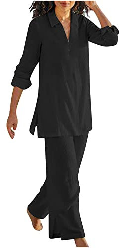 NUSGEAR 2023 Conjunto Dos Piezas Mujer Casual Lino algodón Camisa manga larga y Pantalones verano otoño Deportivo Suelto Traje Cómodo cuello en V Conjunto Casa Moda Color sólido ligera Talla grande