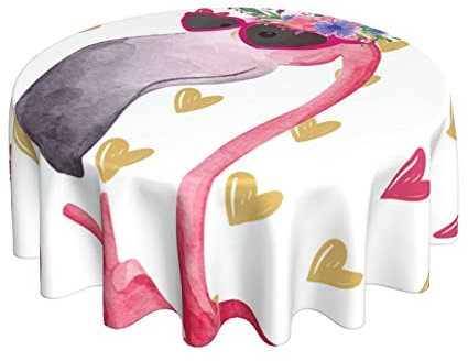 Wachstischdecke Hallo Tropische Flamingo-Rosa-Goldene Herzen Rund Wachstischdecke Wetterfeste Garten Tischdecke 152Cm Für Garten Party Abendessen