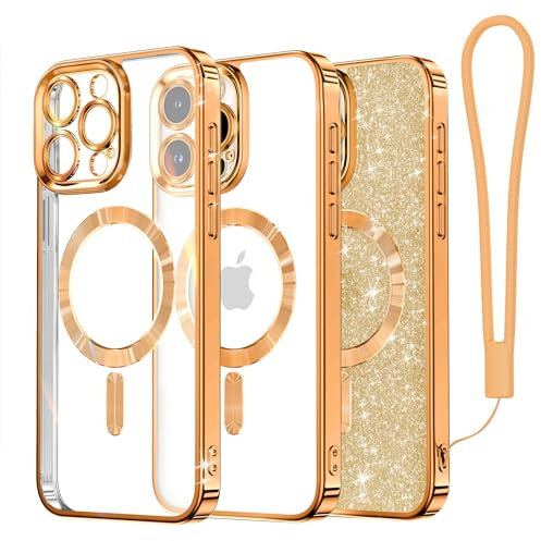 Meifigno Clear Hülle Kompatibel mit iPhone 15 Pro, [Kompatibel mit Magsafe][Glitzer Karte & Handschlaufe] Kameraschutz Transparent Case für iPhone 15 Pro 6,1’’ Frauen Mädchen, Messing Gold