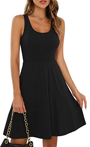 Missufe Rockabilly Sommerkleid Minikleid Tank Kleider Damen Skaterkleid Kurzes Freizeitkleid (Schwarz, XX-Groß)