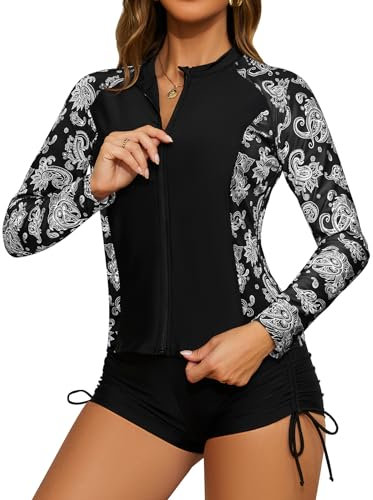 SHEKINI Women 3 Piece Rash Guard Sets Long Sleeve Zipper Swim Shirt Printed Bikini Top Side Drawstring Boyshorts Surfing Training Swimsuit, Black+Print, Medium