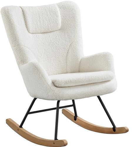 Yaheetech Fauteuil à Bascule Scandinave en Tissu Bouclé Rocking Chair à Haut Dossier Fauteuil Allaitement avec Pieds en Bois Massif Chaise d'appoint pour Salon Chambre Appartement Ivoire/1
