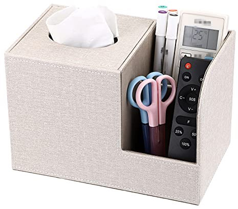 BTSKY Linen Beige Square Tissue Box Cover With Two Side Storage Pockets For Remote Control Vanity Makeup Cosmetics Pen Pencil - Tabletop Cube Tissue Box Holder Napkin Holder Storage Box