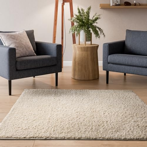 Interiyou Hochflor Teppich Sofia - 200x200 cm Creme - flauschig und einfarbig - waschbar und rutschfest - weicher Langflor