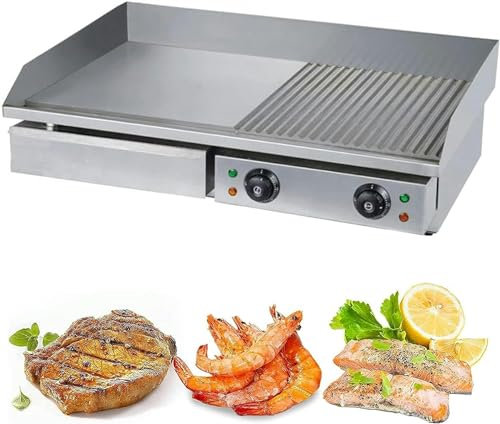 Plancha eléctrica Comercial de Acero Inoxidable con Placa calefactora semiplana para Barbacoa, Placa calefactora Grande de 728x400 mm, con Control termostático, 50-300 ℃, Plancha d