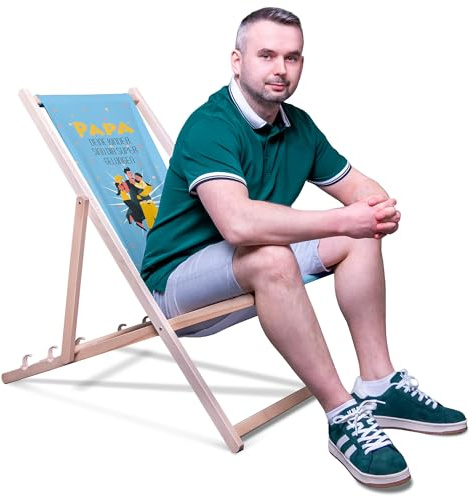 DreamRoots Vatertagsgeschenk für Papa Liegestuhl Holz klappbar aus Buchenholz, bis 130 kg, mit Verstellbarer Rückenlehne faltbar und robust - Bester Papa Geschenke