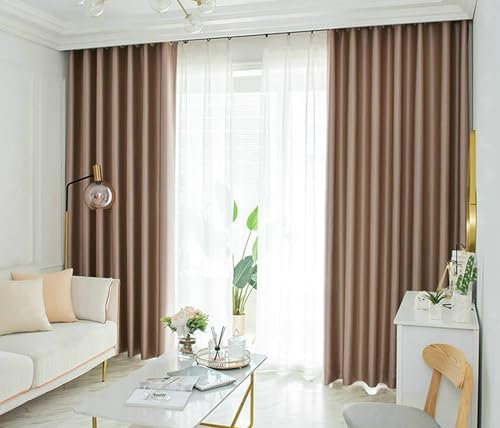 Ayoiow Gardine Blickdicht Rollo, Thermogardinen Mit Ösen, Polyester Vorhang Gardine 2Er Set, Braun, 137X214CM