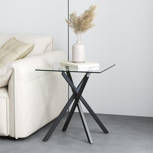 GOLDFAN Mesa auxiliar de cristal de alto brillo, pequeña mesa auxiliar cuadrada con parte superior de vidrio templado y patas tubulares de metal, mesa moderna para oficina y espacios pequeños (patas