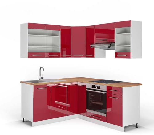 Vicco Eckküche Fame-Line, Bordeaux Hochglanz/Weiß, 190 x 60 cm, AP Eiche, zur individuellen Erweiterung und flexiblen Anordnung geeignet