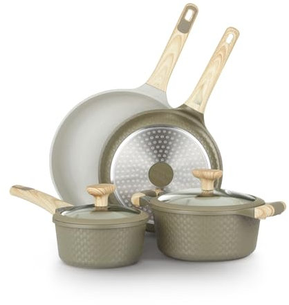 Batería de Cocina Kasanova Mrs Wood Antiadherente de Aluminio, Apta para Todo Tipo de Cocinas, Tapas de Vidrio, Cocción Rápida y Uniforme (Verde y Crema, 6 piezas)