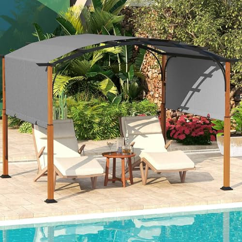 TANGZON 10 x 12 FT Outdoor Patio Gazebo, Arched Patio Metal Retractable Pergola with Canopy, Wood-Like Posts & 16 Ground Nails, Grape Trellis Gazebo for Garden Porch Backyard Deck (Grey)