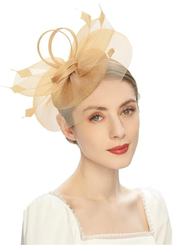 HIQIU Fascinators Hut für Damen Blume Mesh Federn Tüll Bräute Kopfschmuck Haarschmuck mit Stirnband und Clip für Cocktail Tea Party Hochzeit Kirche (DE/NL/SE/PL, Alphanumerisch, Einheitsgröße, Gold)