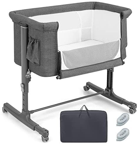 FANTASK 3 in 1 Babybett & Babywiege & Reisebett, 5-stufig Höhenverstellbares Beistellbett, 10° Neigung, Kinderbett inkl. Matratze, Tragetasche, Stubenwagen für Babys bis 9kg belastbar (Dunkelgrau)