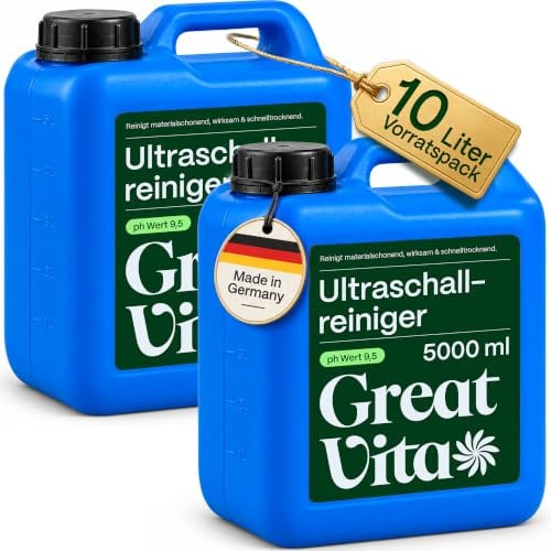 GreatVita Ultraschallreiniger Konzentrat 10L zur Reinigung von Schmuck, Brillen, Uhrenarmbänder, Münzen, Besteck, kleine Werkzeuge | Hochergiebiger Spezialreiniger für alle Ultraschallreinigungsgeräte
