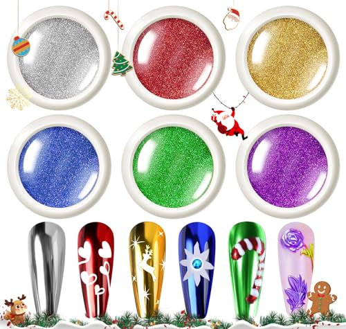 BISHENGYF Red Chrome Nail Powder - 6 Colors Metallic Nail Chrome Powders, Shiny Mirror Effect Gold Chrome Nail Powder, Silver Nail Powder Green Chrome Nails Glitter Christmas Nail Powder Collection