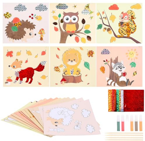 TGFIX 12 Stück Herbst Tier Bastelset Kinder Herbst Kreativsets Bastelhandwerk DIY Herbst Sandkunst Basteln mit Igel Eule Fuchs Eichhörnchen Geschenk für Jungen Mädchen 3-10 Jahre Herbstszeit