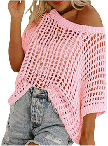 Womens Y2K Crochet Fishnet Long Sleeve Top Off The Shoulder Jumper Going Out Oversized Knitted Cover Up Sweater Lightweight Baggy Hollow Out Pullover Tops Knitwear Summer Pink L