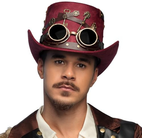 MIMIKRY Roter Steampunk Zylinder mit Zahnrädern Schlüsseln Goggles Gr. 56-60 Keypunk-Hut Damen Herren